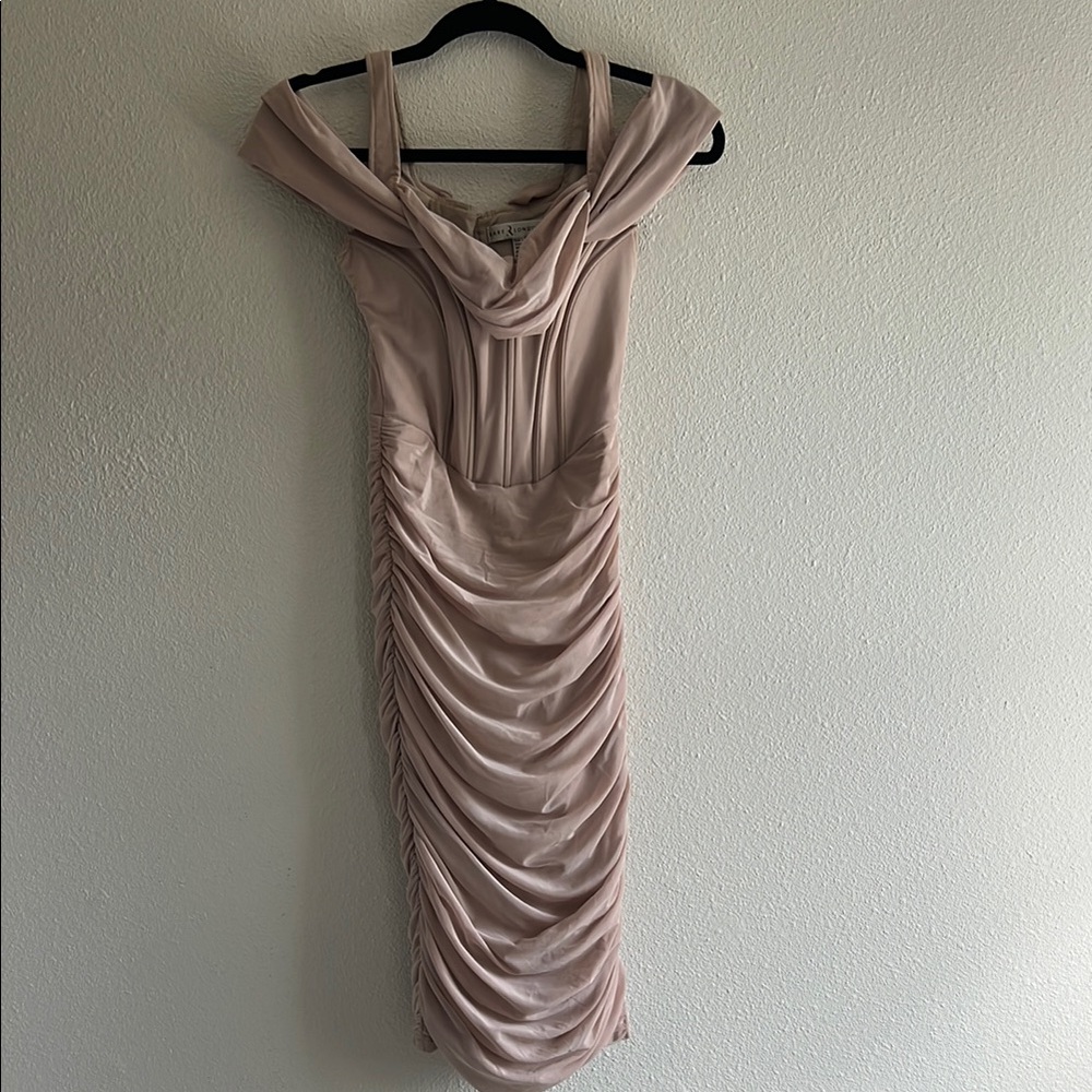 Rare London, Corset Off-Shoulder Ruched Dress, warm beige/tan, size 4